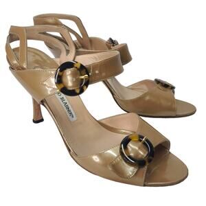 Manolo Blahnik Buckle Strap Sandal 39.5 (US 9.5) Nude Beige Patent Leather Heels